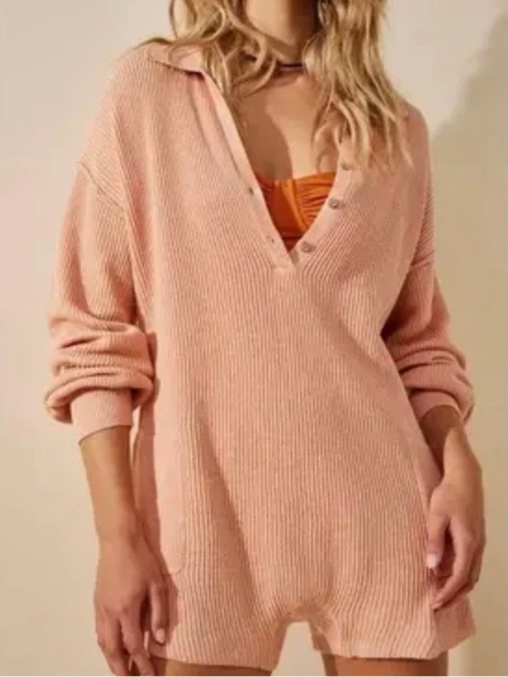 Free People FP Beach Sweater Romper Linen Long Sleeve Stretchy Ribbed Small